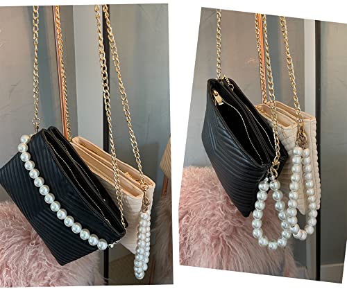 Before & Ever Black Wristlet Clutch Purses for Women White Pearls Gold Chain