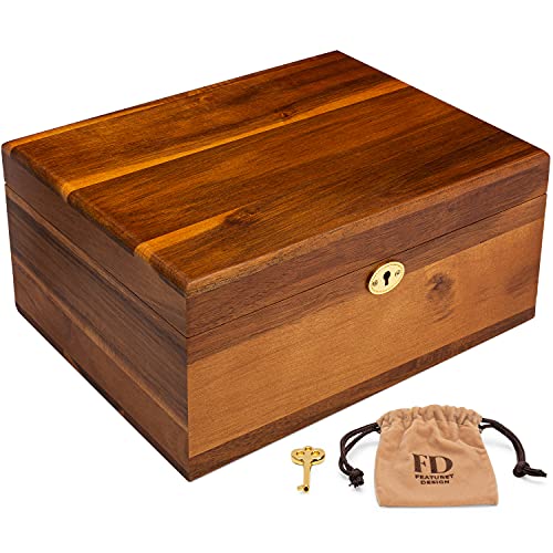 Wooden Storage Box Hinged Lid and Locking Key Large Premium 11 X 8.5 X 5 Inch