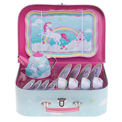 Jewelkeeper 15 Piece Kids Pretend Toy Tin Tea Set & Carrying Case - Rainbow Unicorn Design