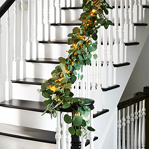 Christmas Eucalyptus Garland with Lights - 6 Ft, Battery Operated, 120 Warm White LED Lights, Artificial Leaves with Seeded Flower Bunches, Fireplace Mantel Decoration - Timer Included