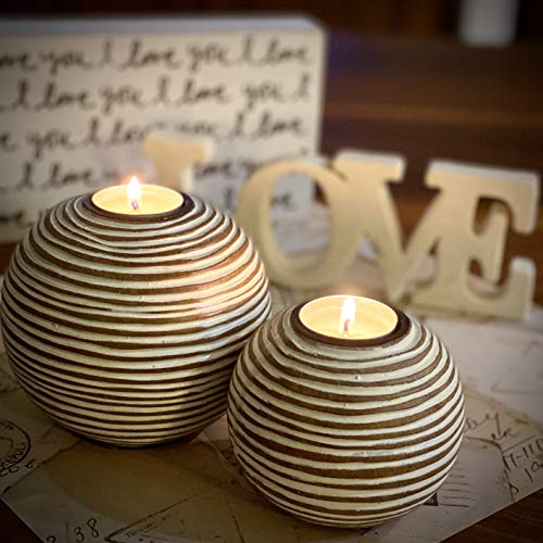 Tuva Orb Candle Holders (Gift Boxed Set of 2), Table Centerpieces for Dining or Living Room, Spa, Bathroom, Kitchen Counter, Mantle or Coffee Table Decor (Light Brown and White)