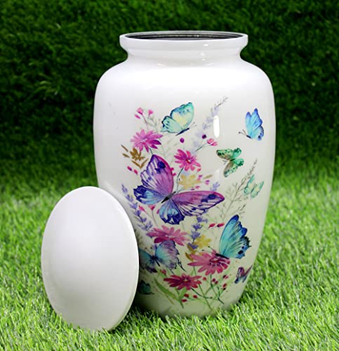 eSplanade Metal Cremation Urn Memorial Jar Pot Container | Full Size Urn for Funeral Ashes Burial | Colorful Butterflies Print | White - 10" Inches