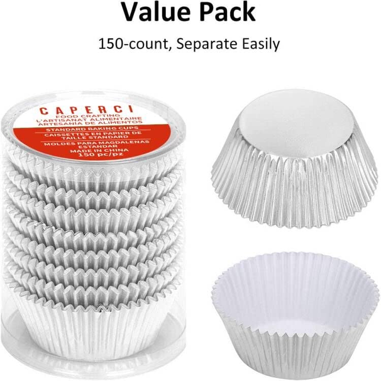 Caperci Silver Foil Baking Cups 150 Pack Premium Greaseproof Muffin Liners