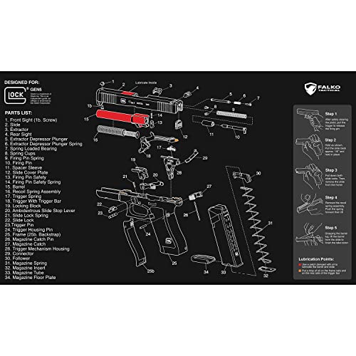 Gun Cleaning Mat for Glock - Double Thickness Gun Mat - HD Exploded Diagram Including Parts List, Lubrication Points and Disassembly Steps (20 by 12 Inches)