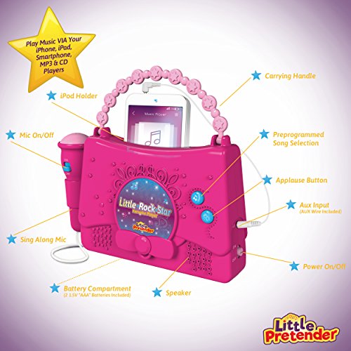 Little Pretender Karaoke Machine with Microphone | Portable Karaoke Set for Girls and iPod Holder| Pink Kids Singing Machine | Music Player with 10 Programmed Songs | AUX Connection