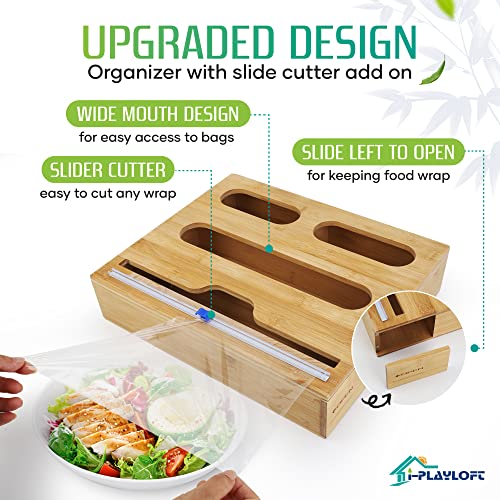 i-PLAYLOFT Premium Plastic Wrap Dispenser Cutter Ziplock Bag Organizer Bamboo
