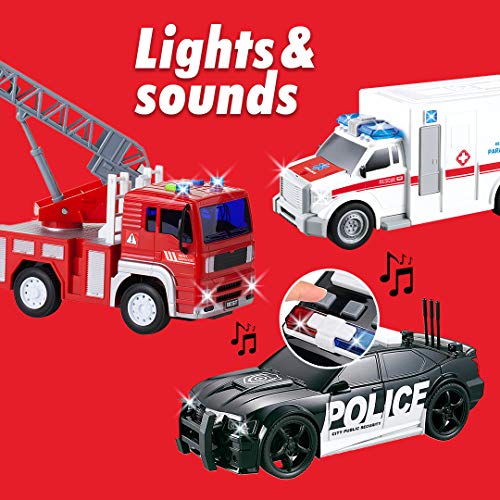Dazmers Friction Powered City Hero Play Set Including Fire Engine Truck, Ambulance, Police Car for Kids, Boys and Girls - 3-Pack Emergency Vehicles with Light and
