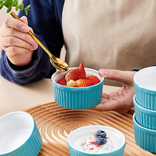 Bruntmor Teal Ceramic Ramekin Baking Set Of 6 Christmas Serving Dishes | 4 Oz Porcelain Creme Brulee Ramekins For Pie Dish |Souffle Cups | Charcuterie Cups Accessories | Safe For Oven & Dishwasher
