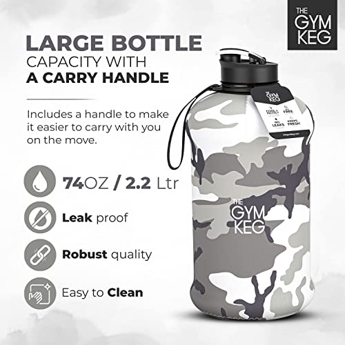 THE GYM KEG Sports Water Bottle Insulated | Half Gallon | Carry Handle | Big Water Jug For Sport | Large Reusable Water Bottles | Ecofriendly, Tritan BPA Free Plastic, Leakproof (Urban Camo,2.2L)