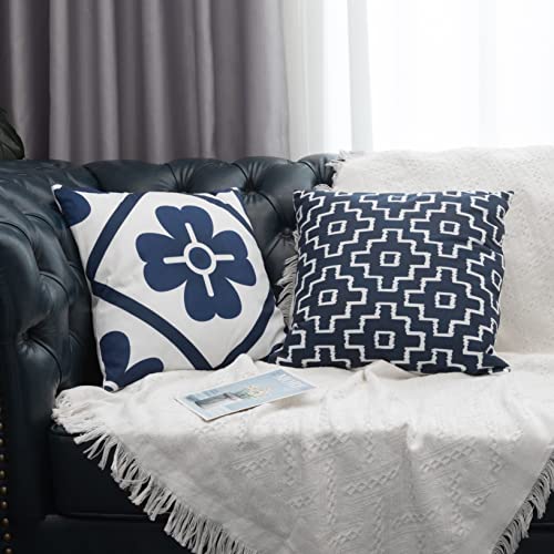 Premium Navy Royal Blue and White Decorative Soft Velvet Throw Pillow, 2 Packs of Square 16"(Include Inserts) with Modern Geometric,Quatrefoil Patterns Cushion for Bedroom, Living Room, Couch Decor