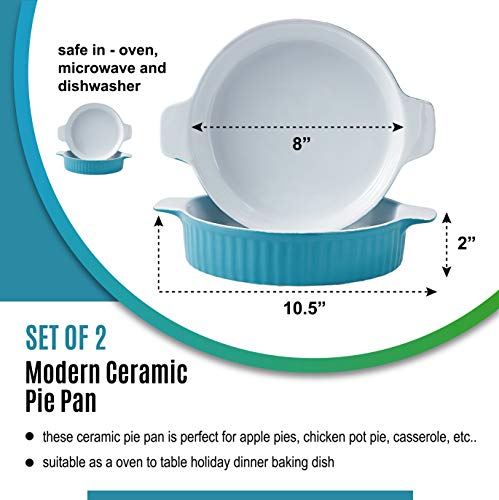 Bruntmor Ceramic Pie Pans Set 2 With Handles For Christmas Dinner Baking Dishes/Quiche Dish/Apple Pie/Tart. Oven Safe Nonstick Porcelain Round Baking Plate/Pot/Tart Pan. 8"/Teal