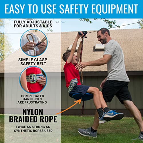 Hyponix Zip Lines for Kids and Adults Outdoor up to 350 Lbs - 160 ft - 100% Rust Proof W/Safety Harness Zip Line Kit | Zipline for Backyard Kids and Adults | Zipline Kits for Backyard