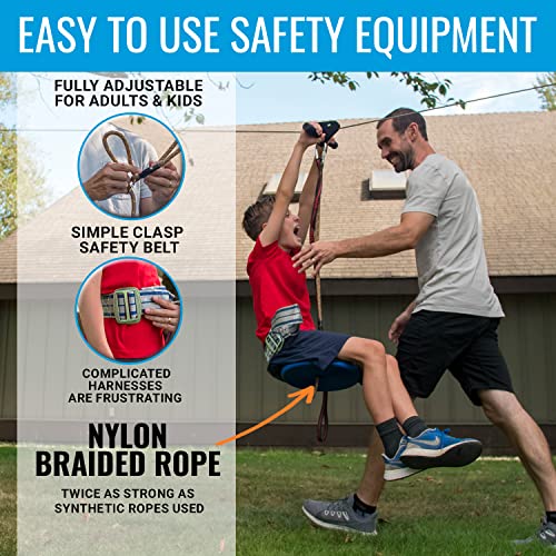 Hyponix Zip Lines for Kids and Adults Outdoor up to 350 Lbs - 100 ft / 180 ft - 100% Rust Proof W/Safety Harness Zip Line Kit | Zipline for Backyard Kids and Adults | Zipline Kits for Backyard