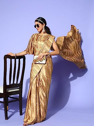 CRAFTSTRIBE Golden Satin Accordion Pleated Ready to Wear Saree with Unstitched Blouse