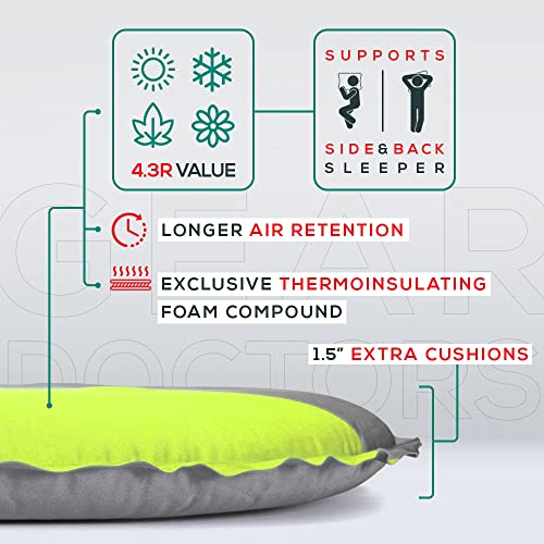 Gear Doctors Self Inflating Camping Sleeping Pad for Camping 4.3 R Insulated Camping mats-1.5 in Must Haves Inflatable Foam air Sleep mat Self Inflating air Mattress for Camping cot pad Tent Floors
