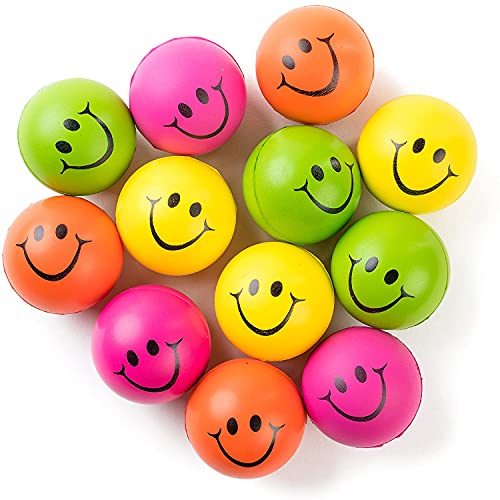 Be Happy! Neon Colored Smile Funny Face Stress Ball - Happy Smile Face Squishies Toys Stress Foam Balls for Soft Play - Bulk Pack of 12 Relaxable 2.5" Stress Relief Smile Squeeze Balls Fun Toys