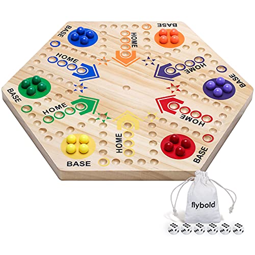 flybold Marble Board Game - Original Wahoo Board Game - Double Sided Painted 6 and 4 Player Wooden Fast Track Aggravation Board Game Original with 6 Colors 24 Marbles 6 Dice and Velvet Draw Bag