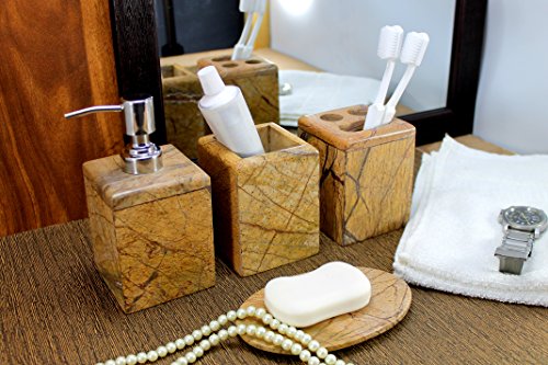 KLEO - Bathroom Accessory Set Made from Natural Stone - Bath Accessories Set of 4 Includes Soap Dispenser, Toothbrush Holder, Tumbler and Soap Dish (Brown)