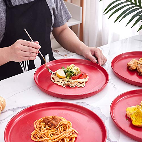 Bruntmor 11 Inch Ceramic Plate Set of 4, Round Ceramic Pasta Salad Plate for Dinner, Dinnerware Plates for Christmas Gift , Plates Set for 4, Dishwasher and Oven Safe, Red