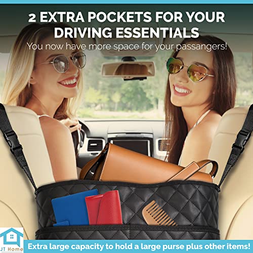 JT HOME Car Net Pocket Handbag Holder Between Seats, Luxury Quilted PU Leather Purse Car Organizer With 2 Extra Pockets For Storage, Black