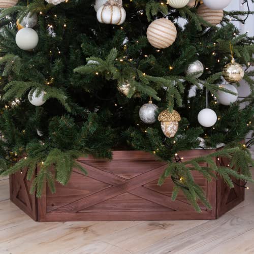 Wooden Tree Collar Box - Christmas Tree Box Stand Farmhouse Rustic Decor Folding, Brown