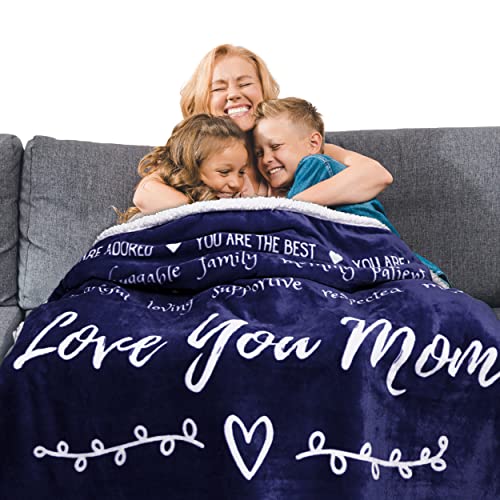 Mother's Day Gifts for Mom Blanket from Son or Daughter, Mom Throw Blanket for Birthday, Filled with Words to Say Love You Mom Gifts for Women 60x50 Inches (Blue, Sherpa)
