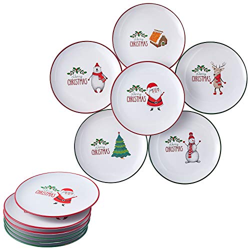 Bruntmor 8" Christmas theme Round Plate Set of 6, Premium Quality Ceramic Plates for Salad Pasta and Table presentation, Desert Plates for Christmas eve ,Dishwasher and oven safe
