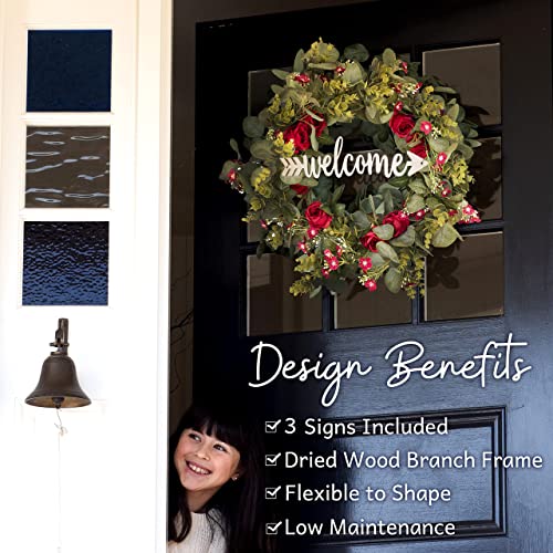 Christmas Eucalyptus Wreath with Red Roses and 3 Signs 20 inch Winter Wreaths