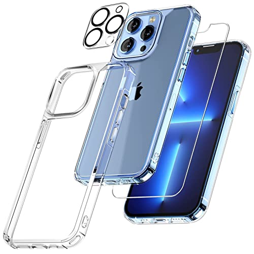 TAURI 5-in-1 for iPhone 13 Pro Case, [Not-Yellowing] with 2 Screen Protector + 2 Camera Lens Protector, [Military Grade Protection] Shockproof Slim for iPhone 13 Pro Phone Case 6.1 inch, Clear