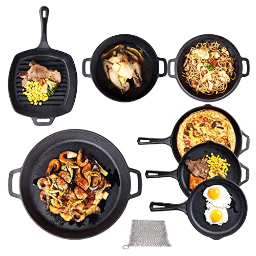 Bruntmor Pre Seasoned Kitchen Utensils Set Cast Iron 8 Piece Bundle Pots And Pans Set Double Dutch, 16 inch Pizza Pan, 3 Cast Iron Skillets & Square Grill Pan, Frying Pan, Dutch Oven And Outdoor Camp