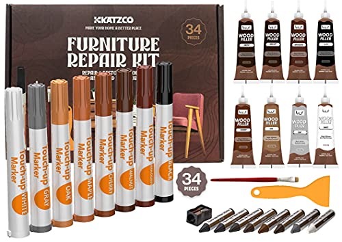 Katzco Total Furniture Repair Kit - Set of 34 - Resin Repair Wood Filler, Brushes, Markers with Plastic Scraper - for Stains, Scratches, Wood Floors, Tables, Desks, Carpenters, Bedposts