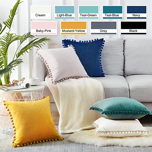Top Finel Decorative Euro Throw Pillow Covers 26 x 26 Inch Soft Particles Velvet Solid Cushion Covers with Pom-poms 65 x 65 cm, Pack of 2, Grey