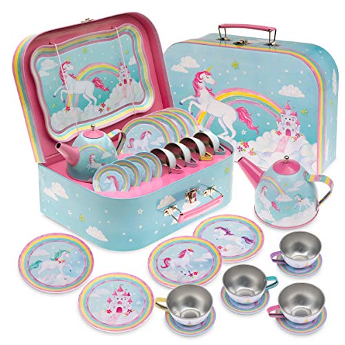 Jewelkeeper 15piece Unicorn Tin Tea Set Pretend Toy With Carrying Case Kids Gift