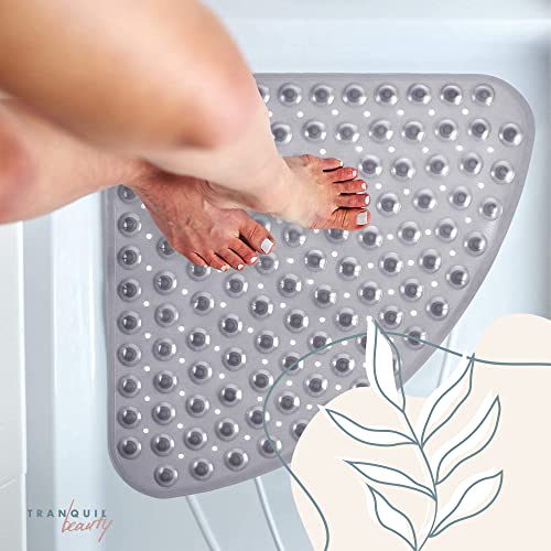 Tranquil Beauty Curved Solid Grey Shower Mat 53x53cm/21x21in | Non-Slip, Machine-Washable Quadrant Bath Mat for Walk in Shower Tray | Shower Mats Non-Slip Suction Cups Ideal for Kids & Eldery