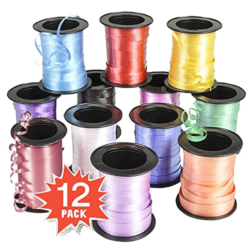 Kicko Curling Ribbon - Colorful Assorted - 12 Pack - 720 Ft Total - for Florist, Flowers, Arts and Crafts, Hair, School, Girls, Fabric Ribbon, Balloons, Holidays, Birthdays