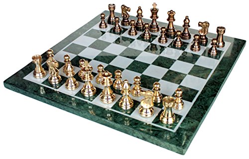 StonKraft Collectible Green Marble Chess Board Set Brass Crafted Pieces Pawns