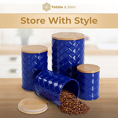 Pebble & Stem Blue Metal Canisters Sets for Kitchen Counter, Kitchen Canisters Set of 4, Airtight Countertop Flour and Sugar Containers, Coffee and Tea Storage, Modern Farmhouse Kitchen Decor