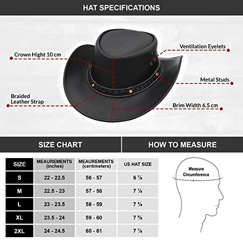 Brandslock Black Leather Cowboy Hat for Men Women Durable Cowgirl Outback Hat