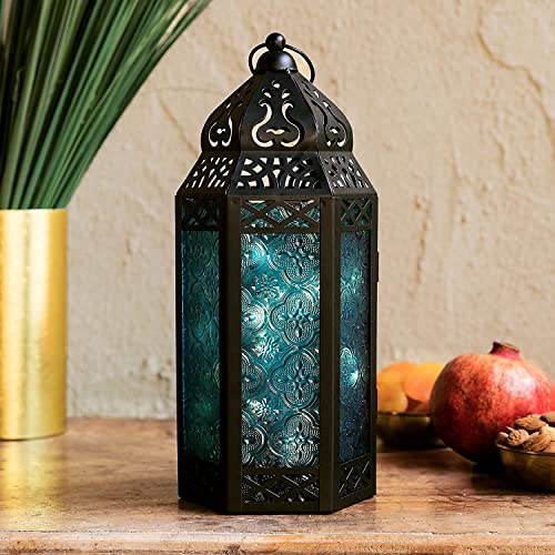 LampLust Blue Moroccan Lantern with Fairy Lights - 11 Inch Tall, Blue Colored Glass Moroccan Lamp, Black Metal Frame, 20 LED Lights for Eid & Ramadan Decorations - Timer & Batteries Included