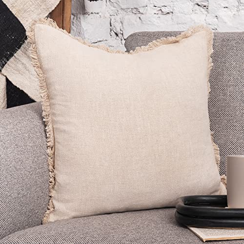 Inspired Ivory Throw Pillow Cover 18 x 18 Inch - Decorative Natural Linen Pillow Cover with Tassel Trim - Farmhouse Pillow Cushion Cover for Sofa, Couch, Bed Decor - Square Burlap Sham (Light Beige)