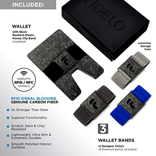 Fidelo Minimalist Wallet For Men - Slim RFID Blocking Mens Wallets Credit Card Holder. 3K Carbon Fiber. Compact Wallet Comes With 4 Cash Bands (Black, Dark Grey, Light Grey & Blue) - Prestige Forged