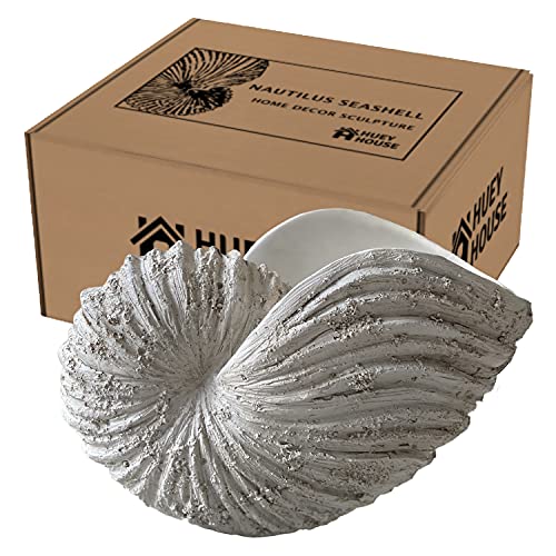 Huey House Nautilus Shell Sculpture - Replica Beach Themed Ocean Decor for Home - Rustic White Resin 10¼" x 6" x 8" Crafted Coastal Seashell Shelf Decor Gift-Boxed