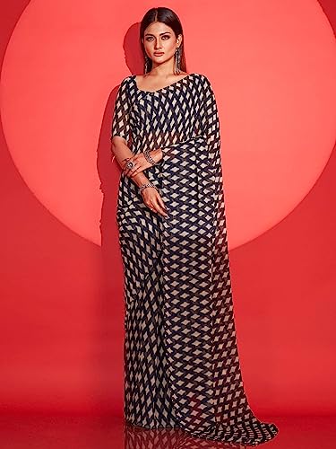 Craftstribe Navy Blue Poly Georgette Printed Ready to Wear Saree With Blouse