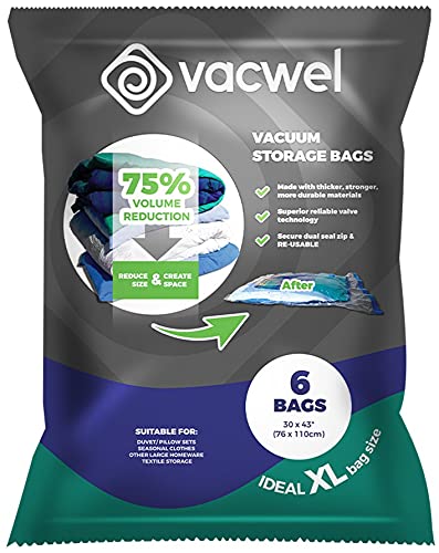 Vacwel Jumbo Vacuum Storage Bags for Clothes, Quilts, Pillows, Space Saver Size 43x30” Extra Strong (Pack of 6)