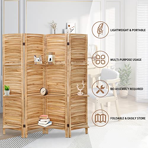 4 Panel Room Divider with Shelves Room Divider and Folding Privacy Screens 5.6FT Temporary Wall Dividers with 3 Shelves Room Separator Free Standing for Home Office Bedroom Natural Color