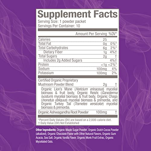 Om Mushroom Superfood Hot Chocolate Blend Mushroom Powder, Single Serve, 10 Count, Dutch Cocoa, 2g of Sugar, 25 Calories, Lion's Mane, Reishi, Chaga, Turkey Tail, Focus and Stress Support