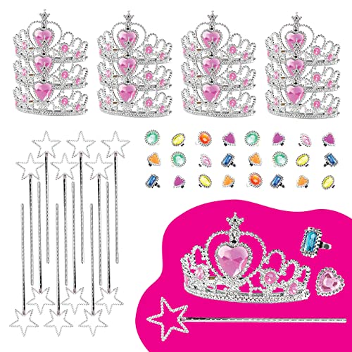 Princess Pretend Halloween Costume Dress Up Play Set - Crowns, Wands, and Jewels - Princess Girls Party Favors - Princess Costume Party Play Set, (12 Princess Crown Tiaras, 12 Wands, 24 Rings)