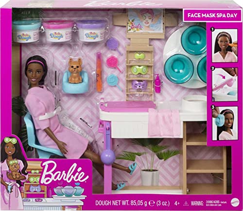 Barbie Face Mask Spa Day Playset with Brunette Barbie Doll, Puppy, 3 Tubs of Barbie Dough and 10+ Accessories to Create