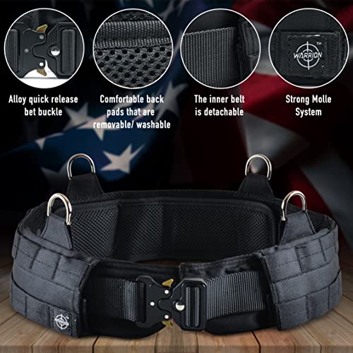 Warrion Tactical Battle Combat Belt - Military with Molle (Black, 35-38 Inch)