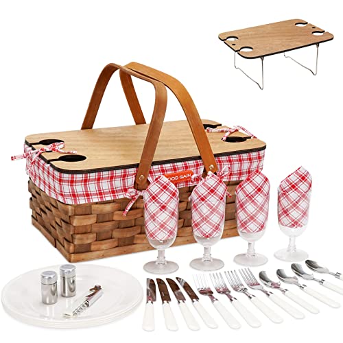 Woodchip Picnic Basket for 4 With Portable Wine Table Gifts for Couple Red